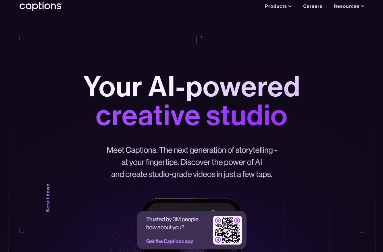 Captions interface showcasing AI video editing tools