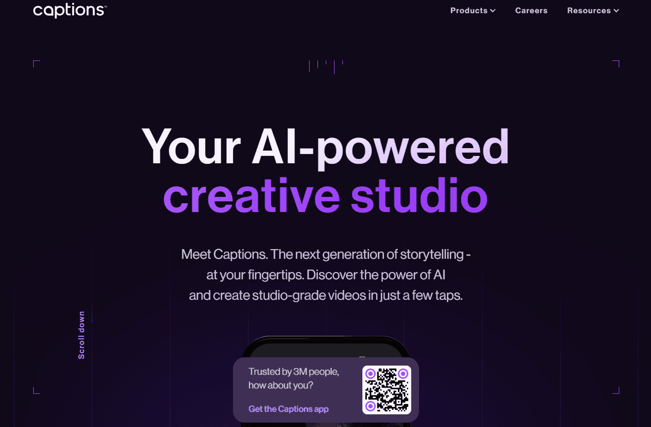 Captions interface showcasing AI video editing tools