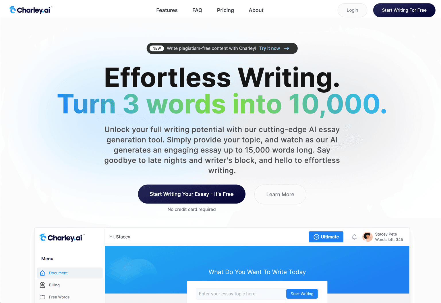 Charley's user interface showcasing essay generation features