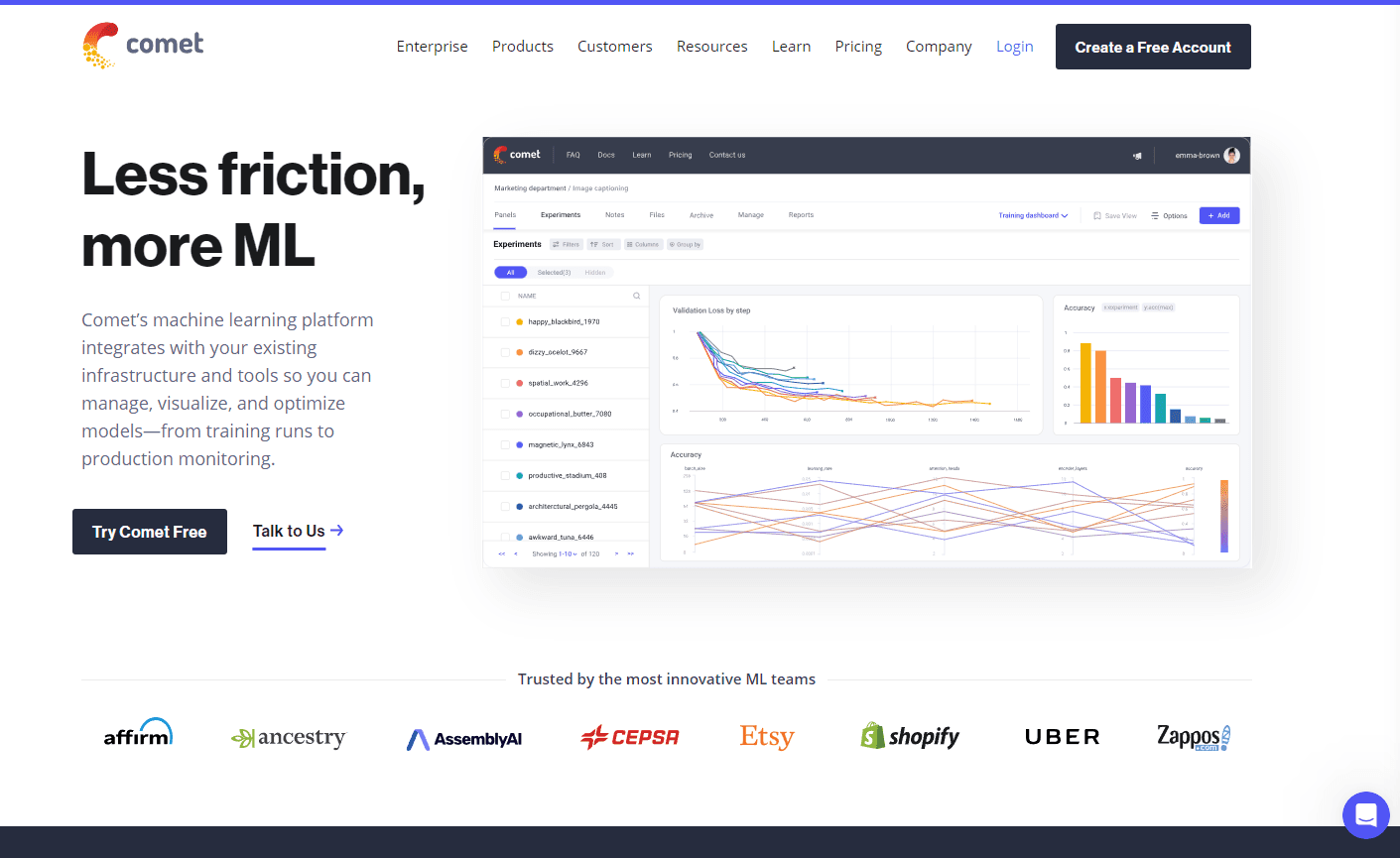 Comet ML platform dashboard