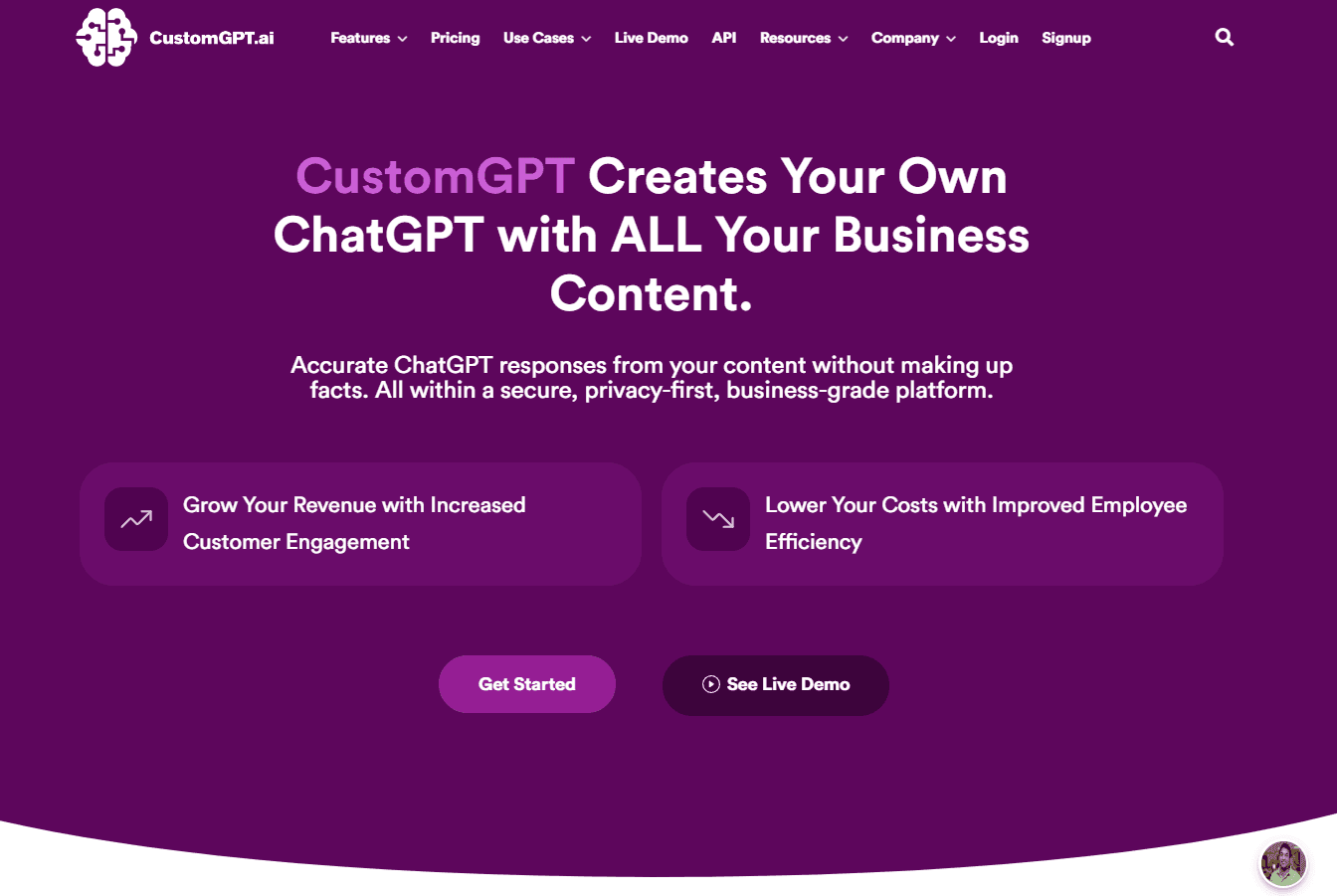 CustomGPT.ai platform interface showcasing personalized ChatGPT chatbot creation.