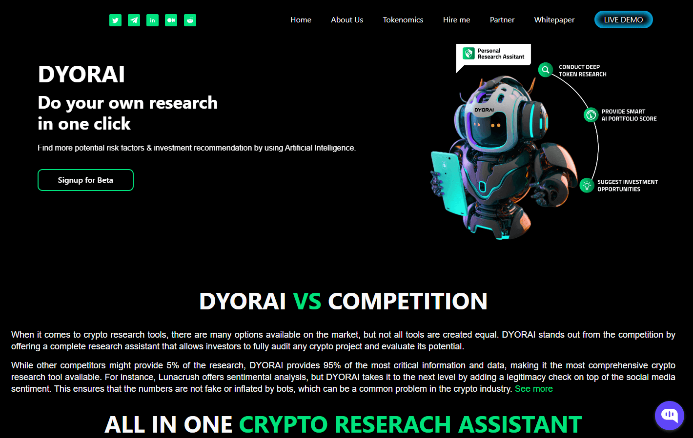 DYORAI platform interface showcasing in-depth crypto research capabilities.