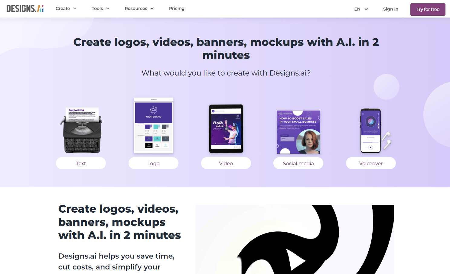 Designs.ai platform interface showcasing design tools