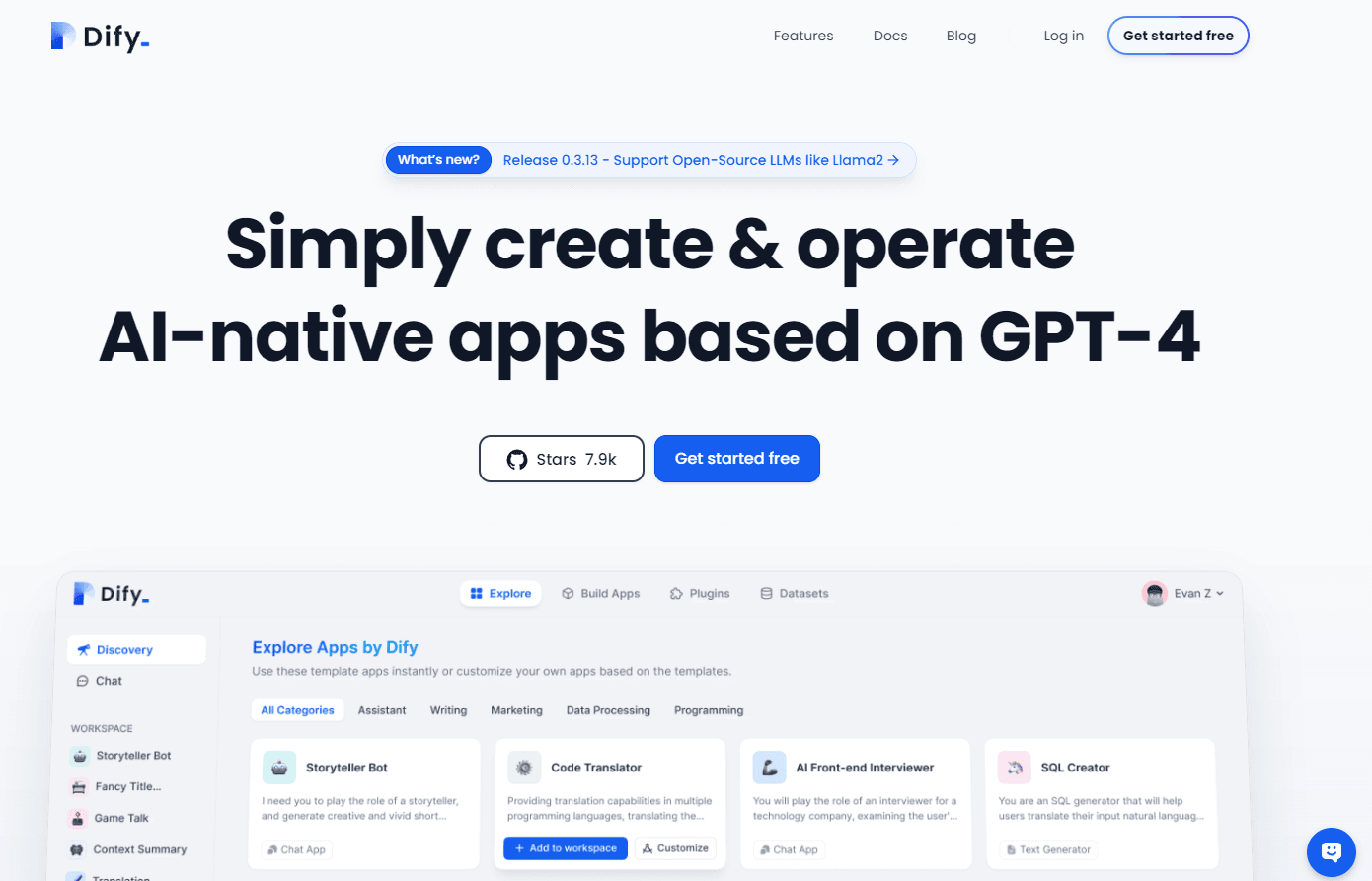 Dify's interface showcasing AI-native app creation.