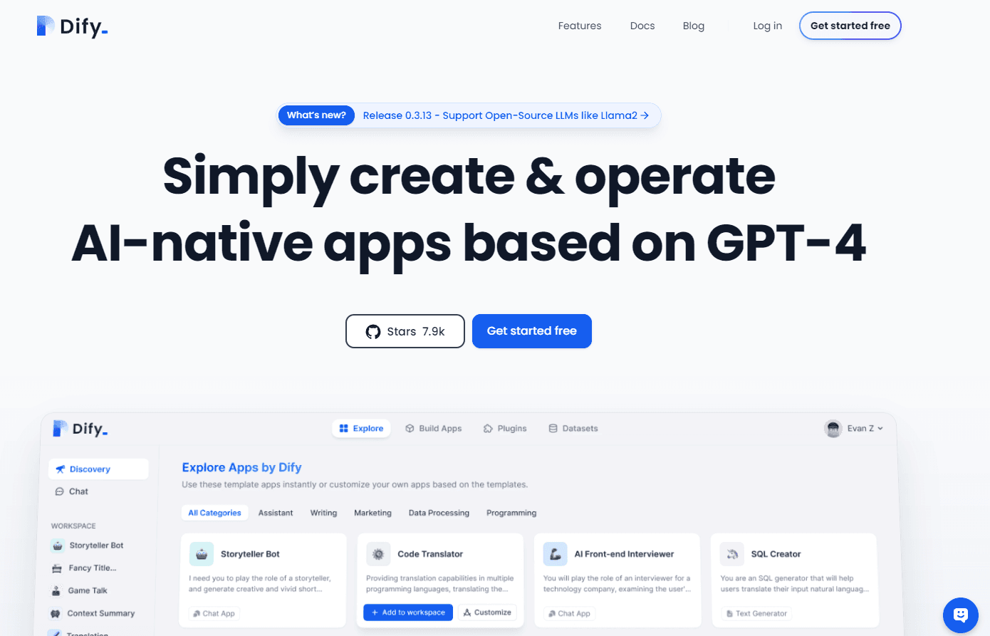 Dify's interface showcasing AI-native app creation.