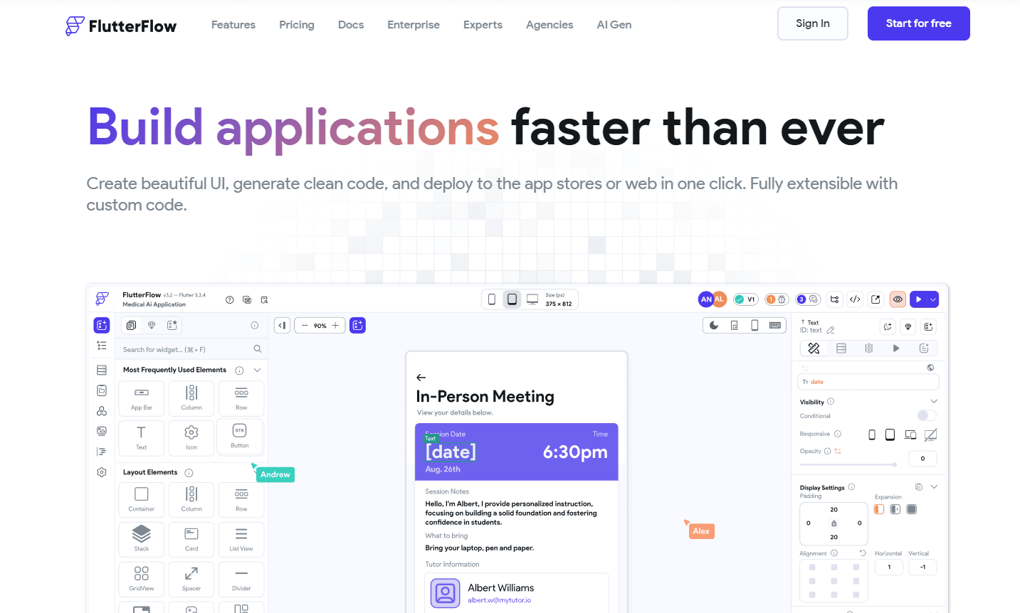 FlutterFlow visual app builder interface