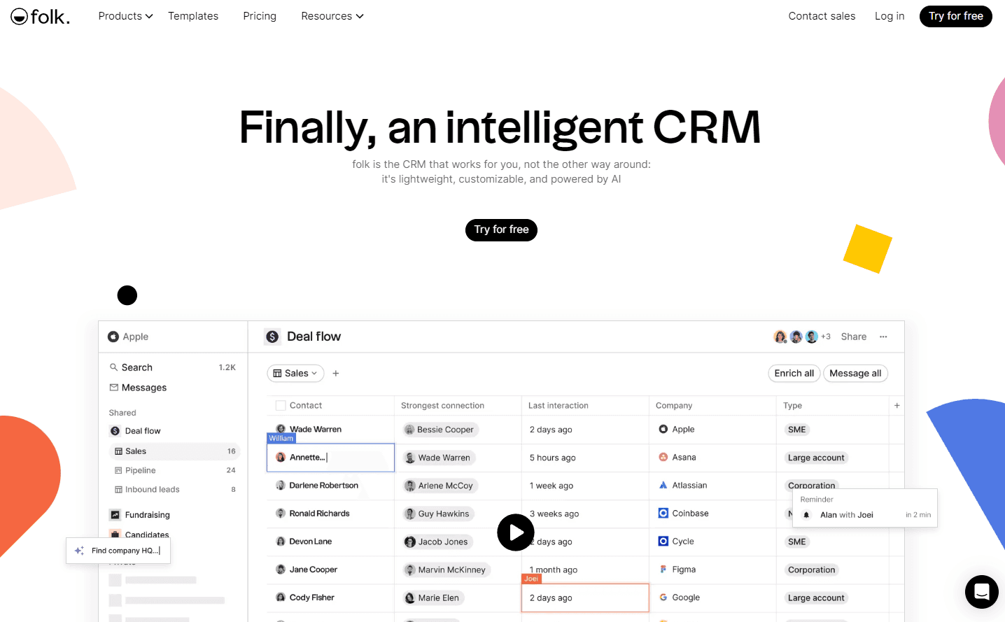 Folk dashboard showcasing contact management