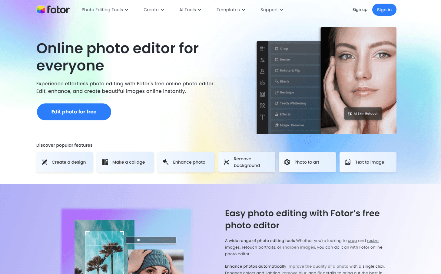 Fotor's online photo editing interface.