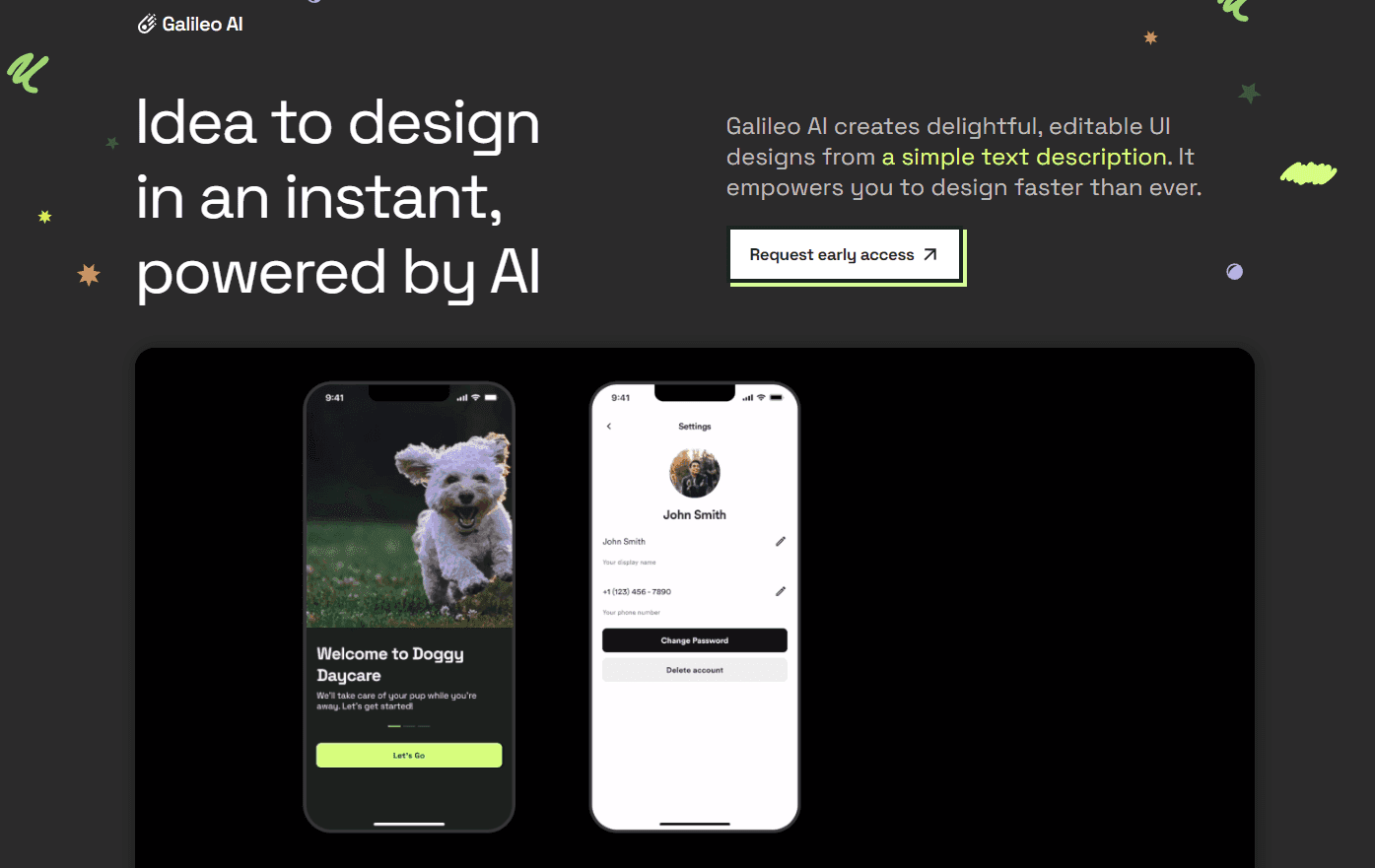 Galileo AI's interface showcasing a generated UI design from a text prompt.