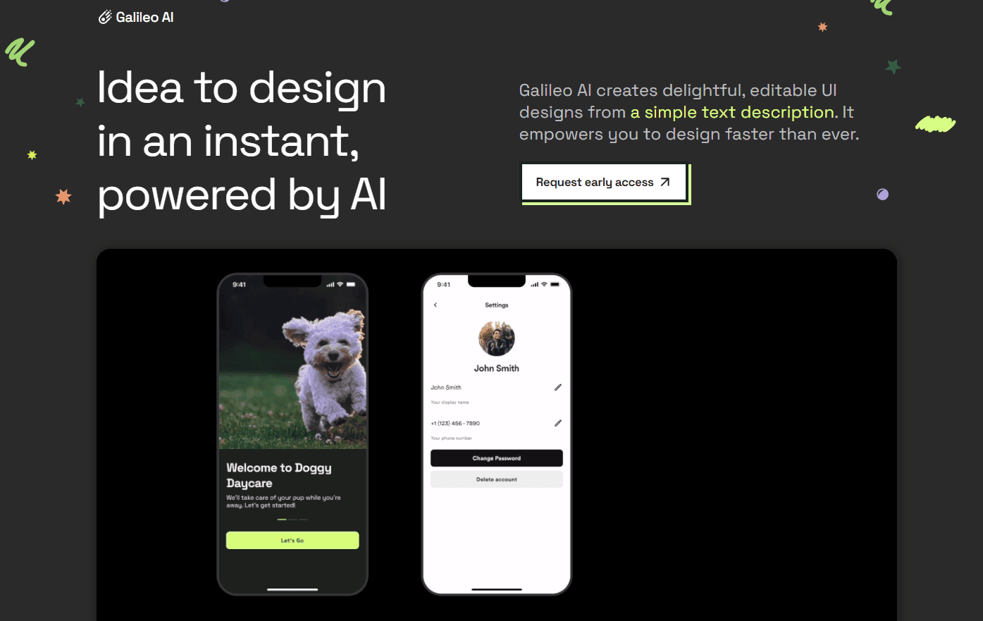 Galileo AI's interface showcasing a generated UI design from a text prompt.