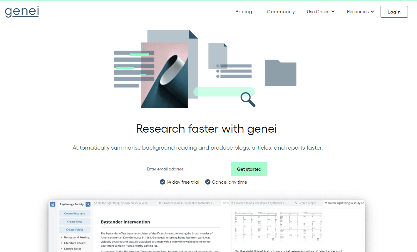 Genei dashboard showcasing content summarization
