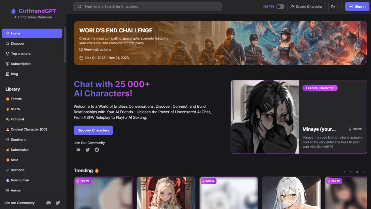 GirlfriendGPT AI Chat Platform Interface