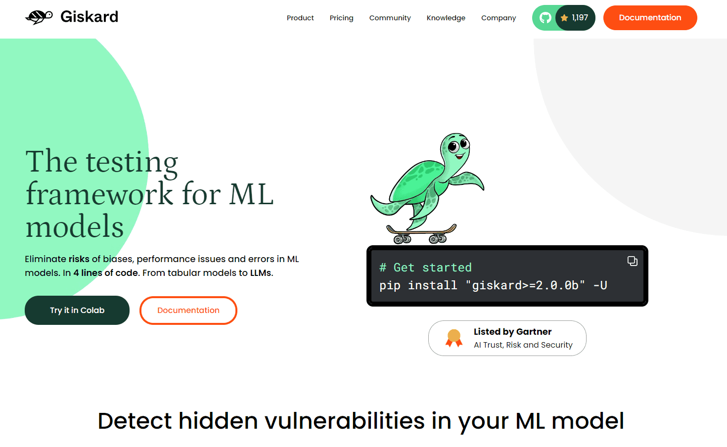 Giskard's interface showcasing their ML testing capabilities