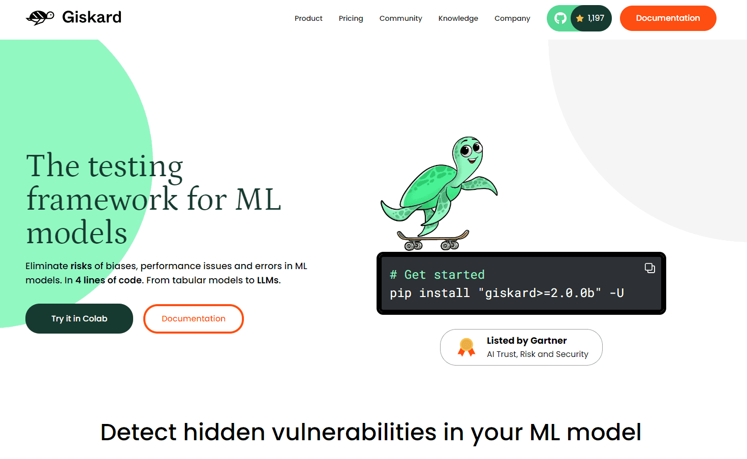 Giskard's interface showcasing their ML testing capabilities