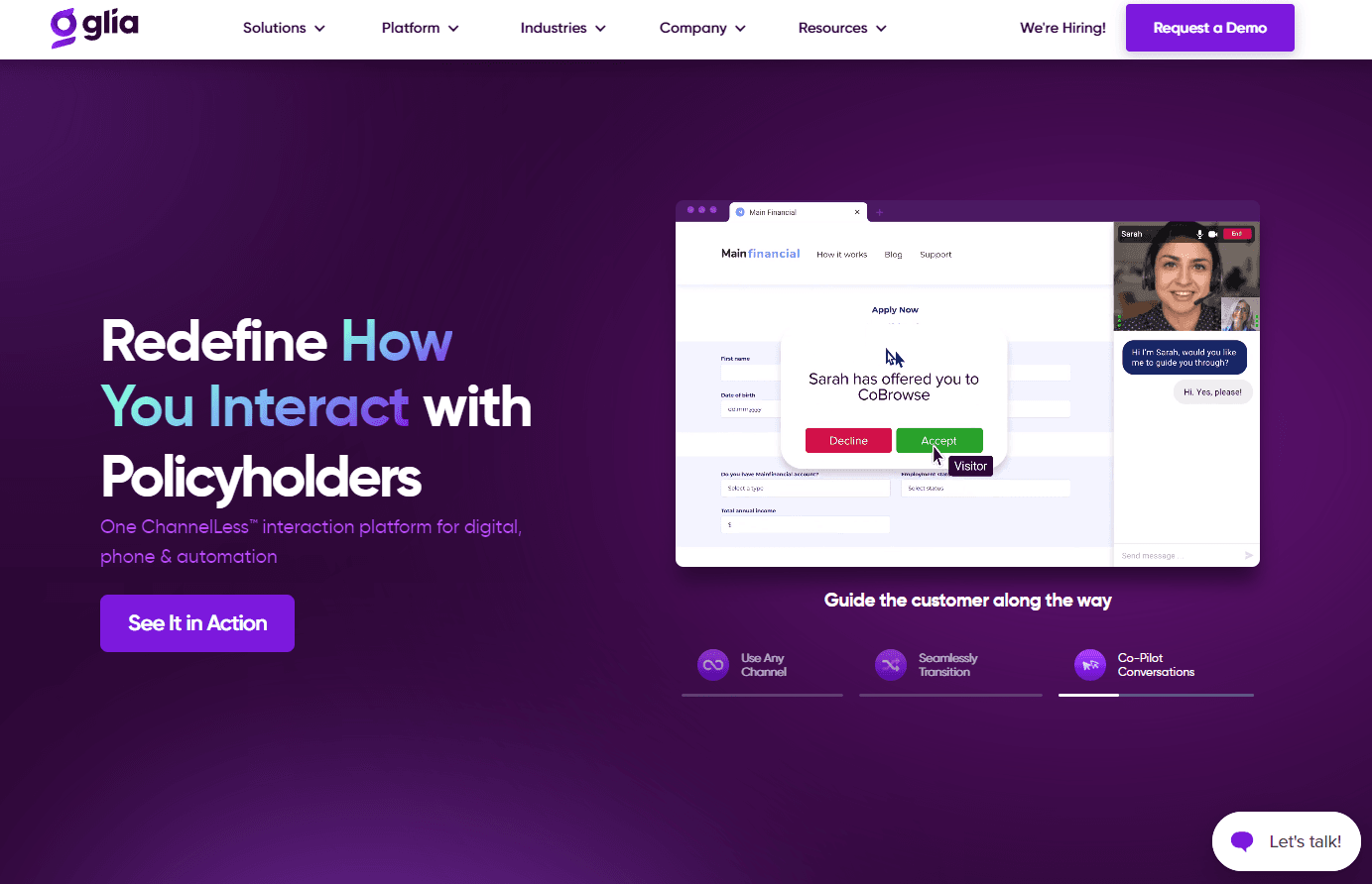 Glia's platform showcasing various customer interaction channels.