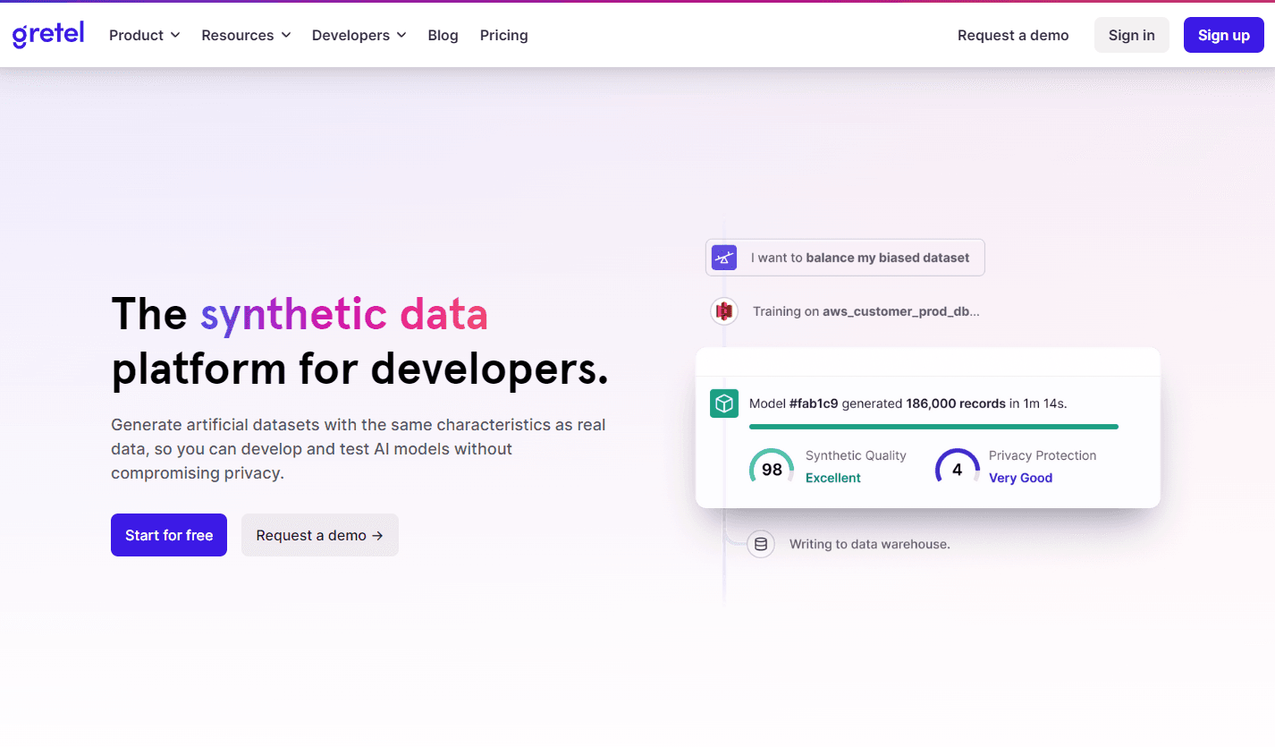 Gretel's platform showcasing synthetic data generation.