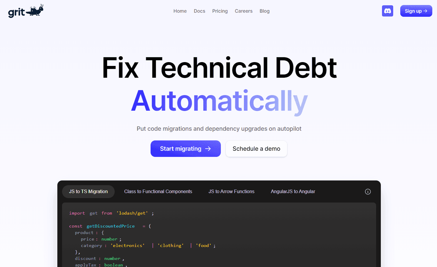 Grit's interface showcasing automated code maintenance solutions