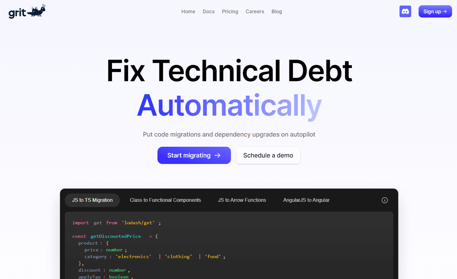 Grit's interface showcasing automated code maintenance solutions