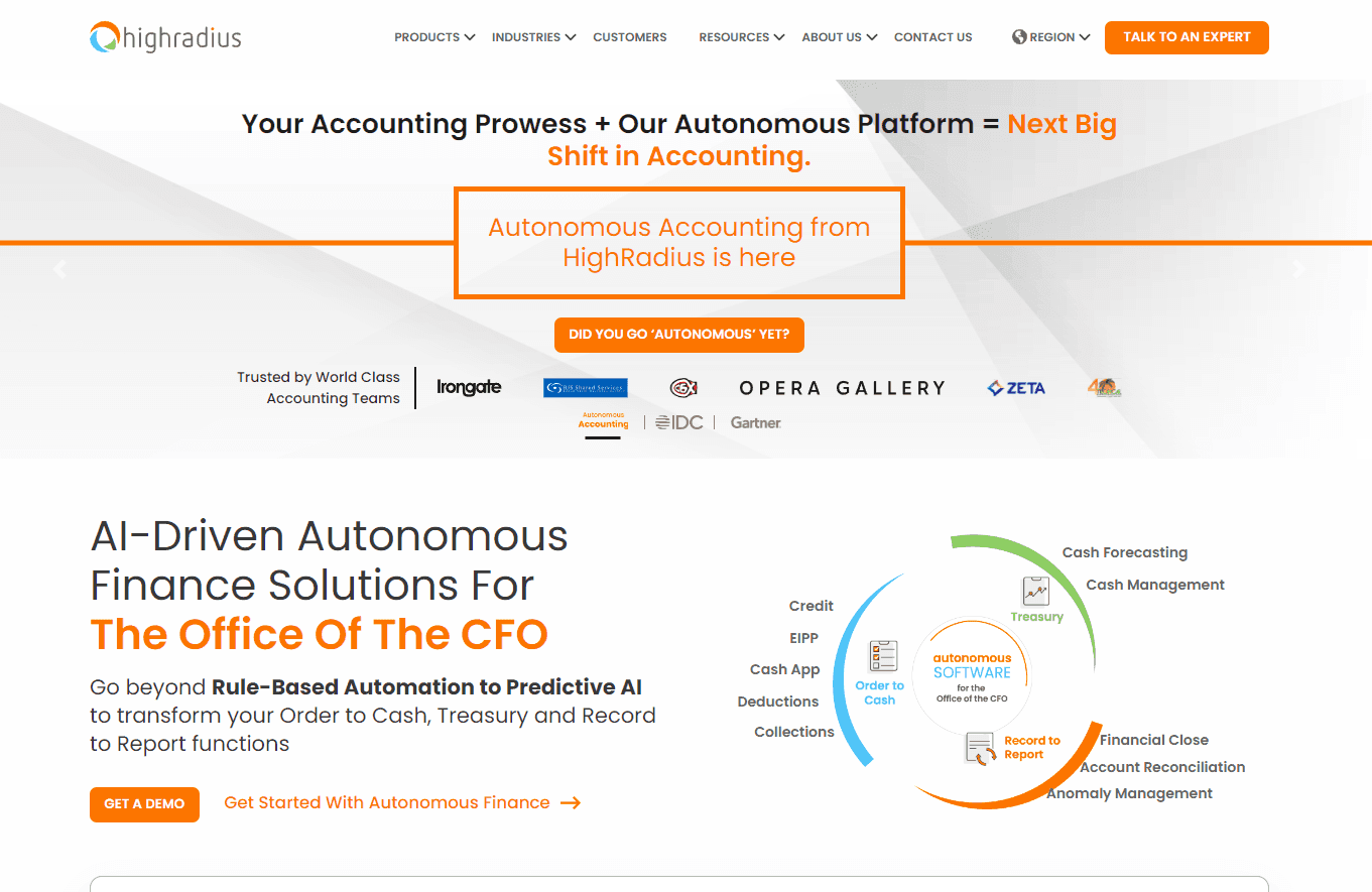 HighRadius platform interface showcasing autonomous finance solutions.