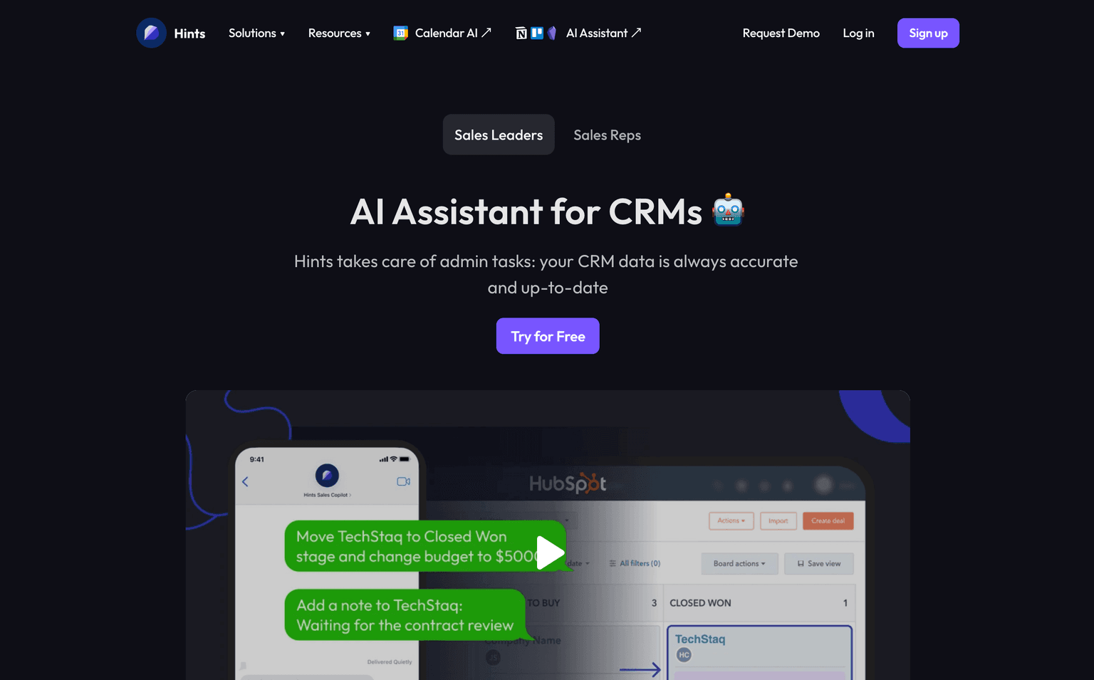 Hints AI assistant interface for CRM