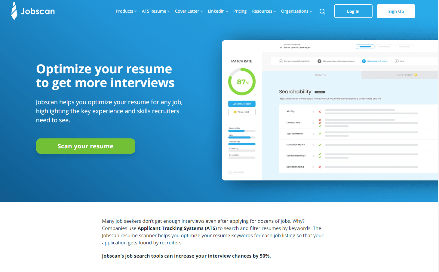 Jobscan logo with a blue background.