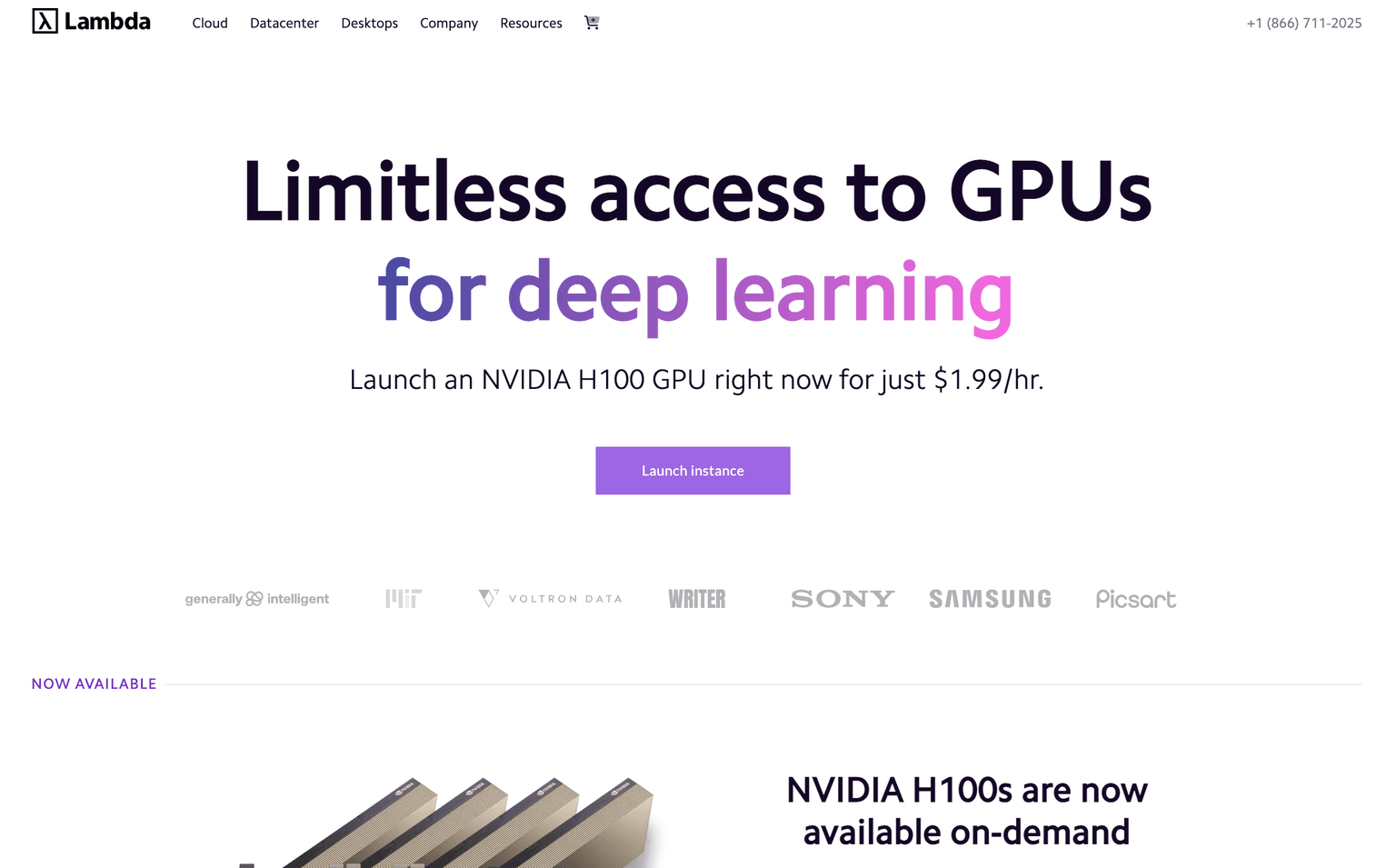 Lambda Labs platform showcasing GPU solutions