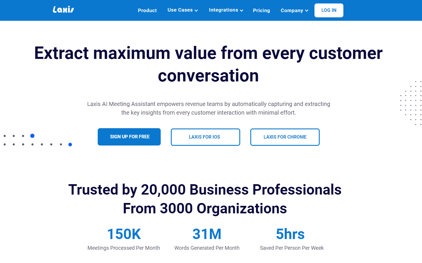 Laxis platform showcasing AI-powered meeting transcription and insights.
