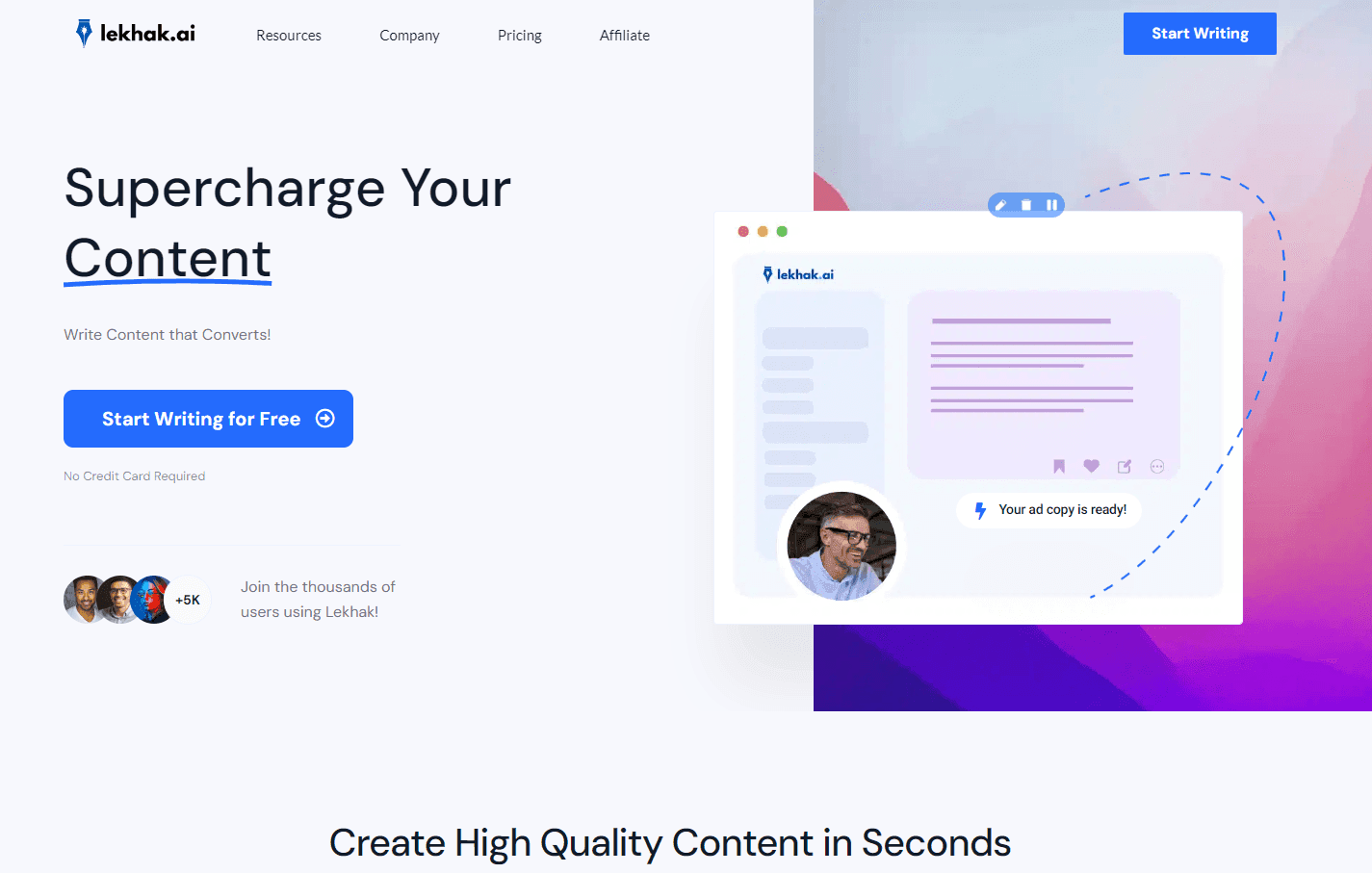 Lekhak.ai platform showcasing AI-powered content creation tools.