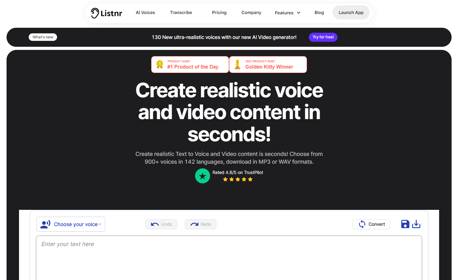 Listnr platform interface showcasing voice generation.
