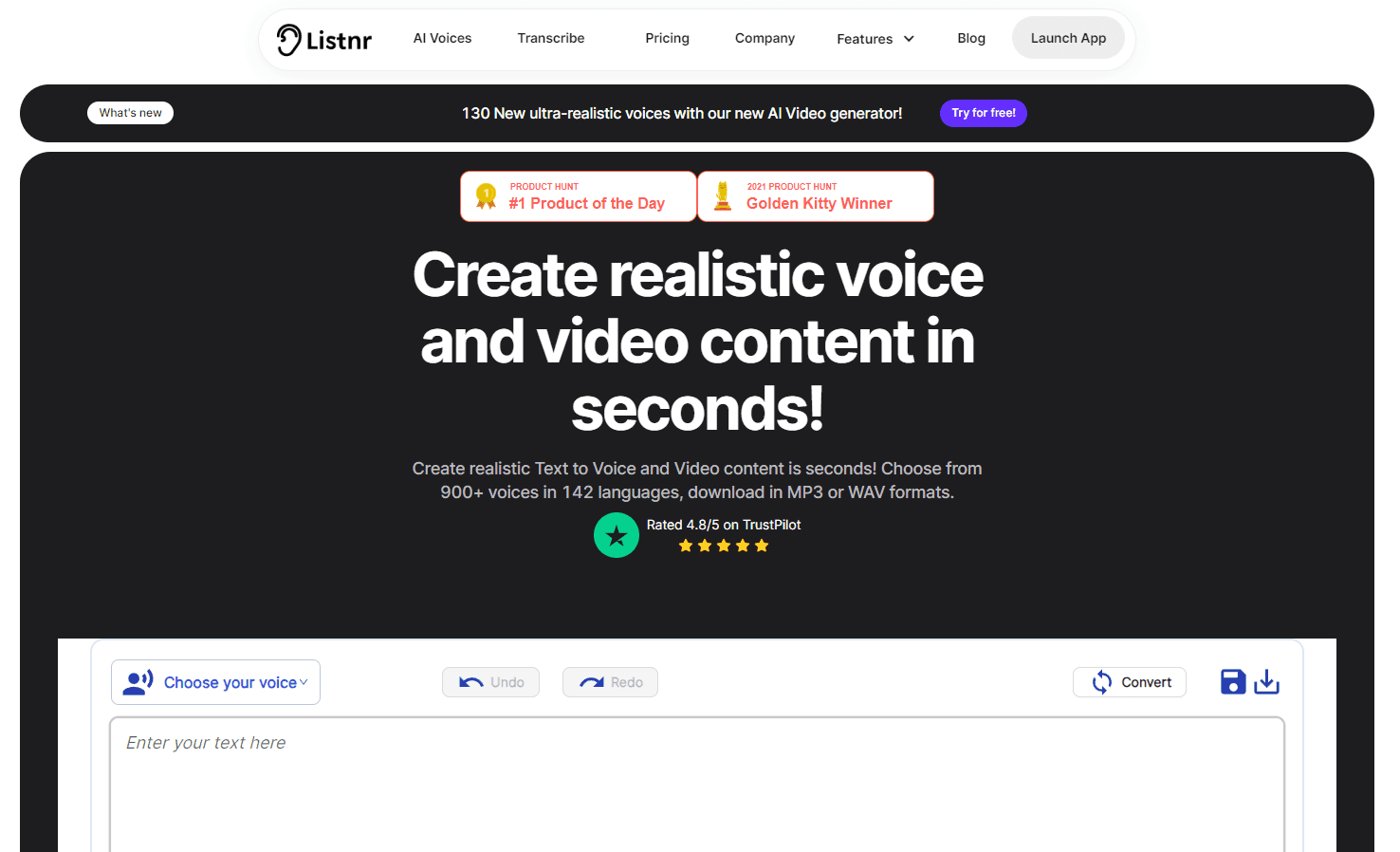 Listnr platform interface showcasing voice generation.