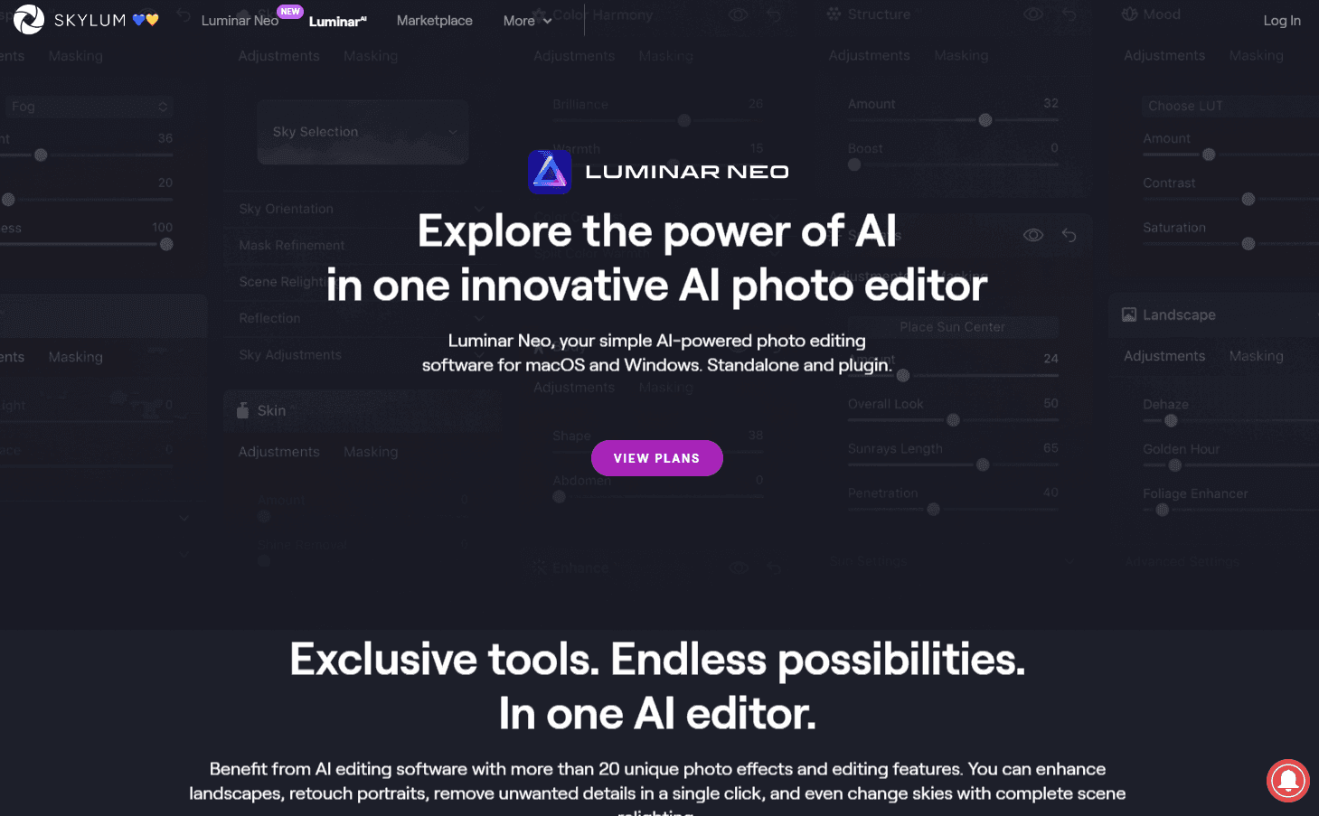 Skylum Luminar photo editor interface with AI editing tools