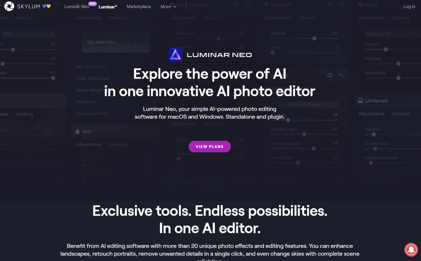 Skylum Luminar photo editor interface with AI editing tools