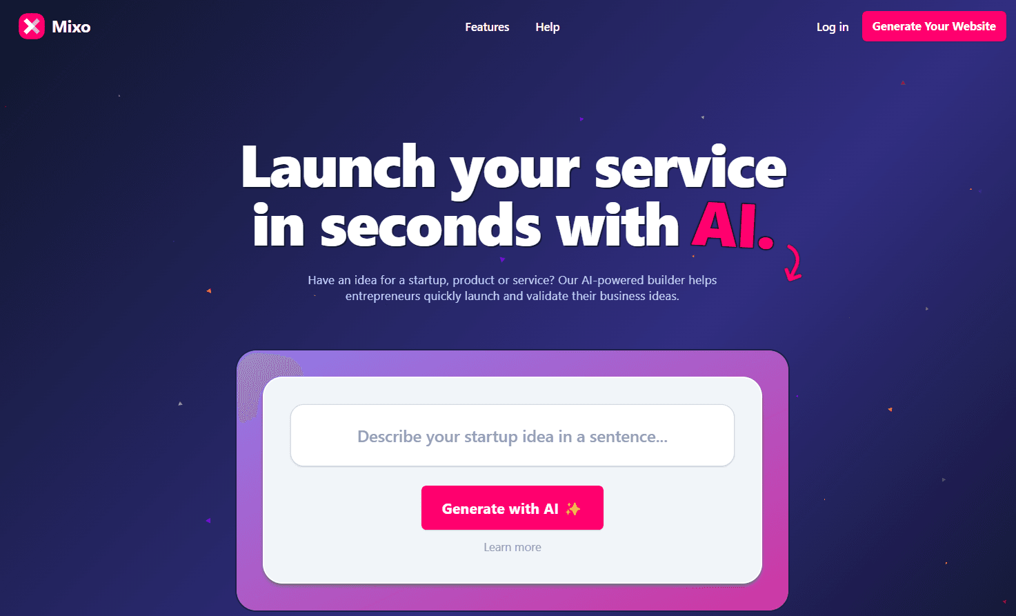 Mixo's AI-powered website generation interface.