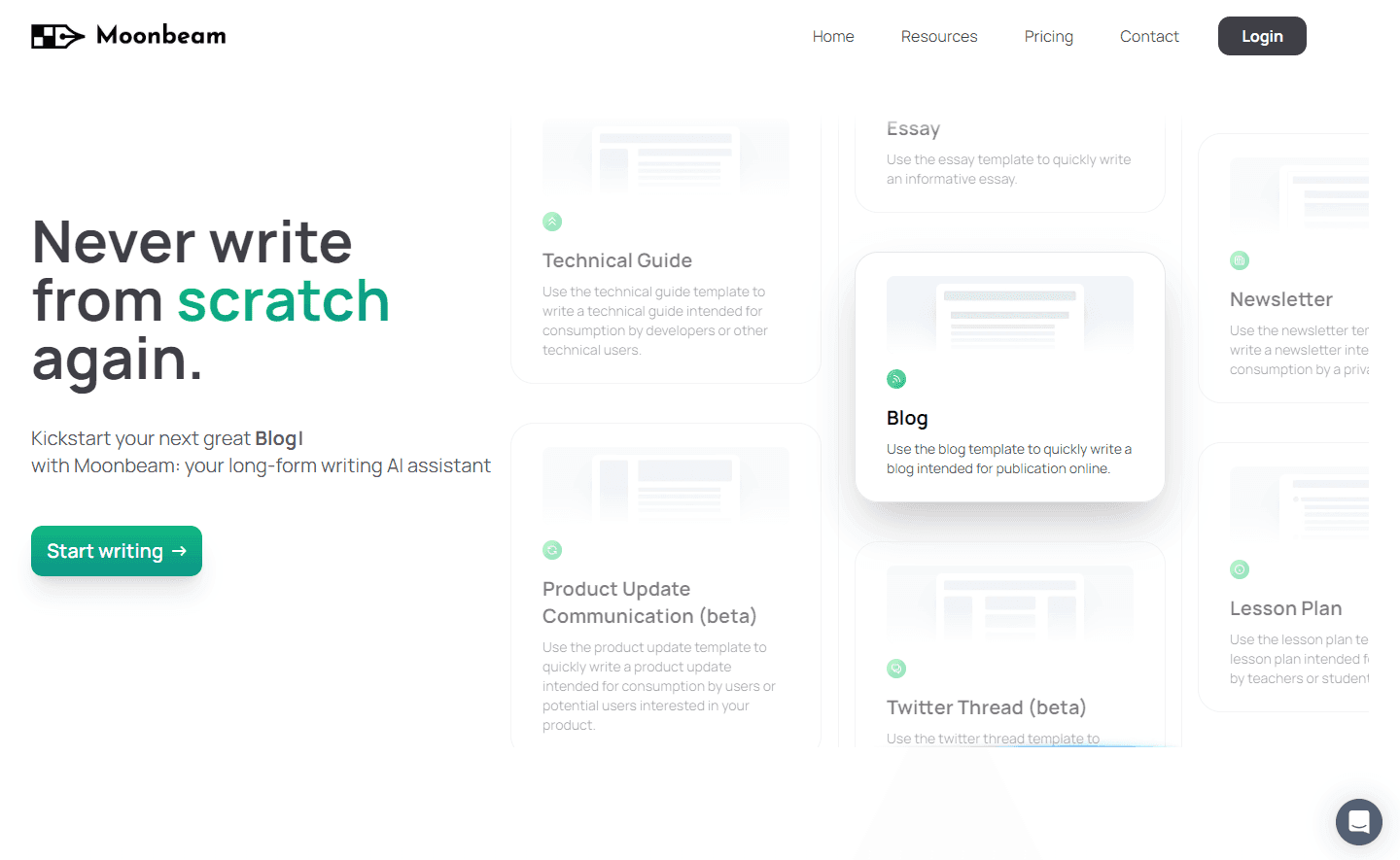 Moonbeam's interface showcasing AI writing tools.