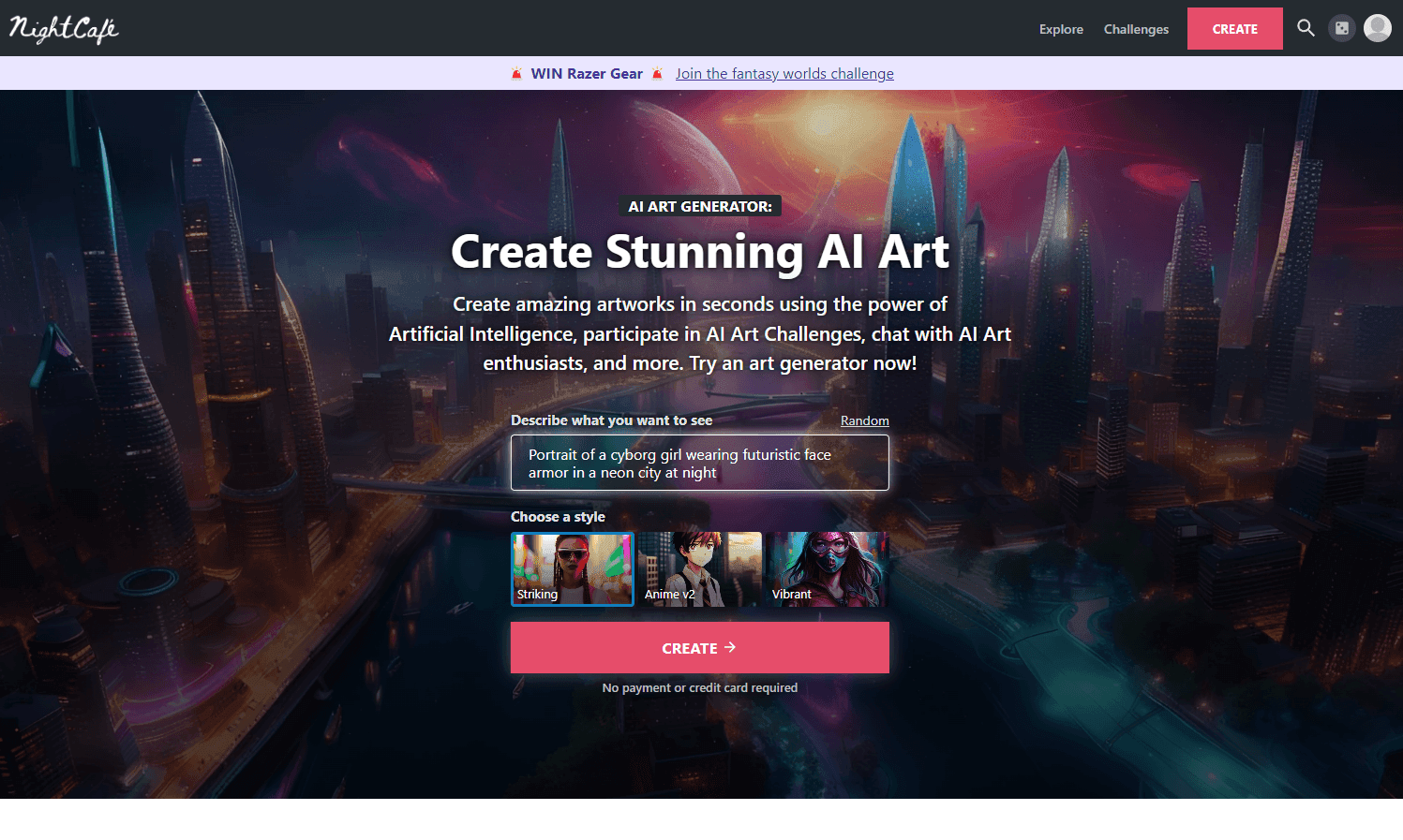 NightCafe Creator's Interface showcasing AI Art