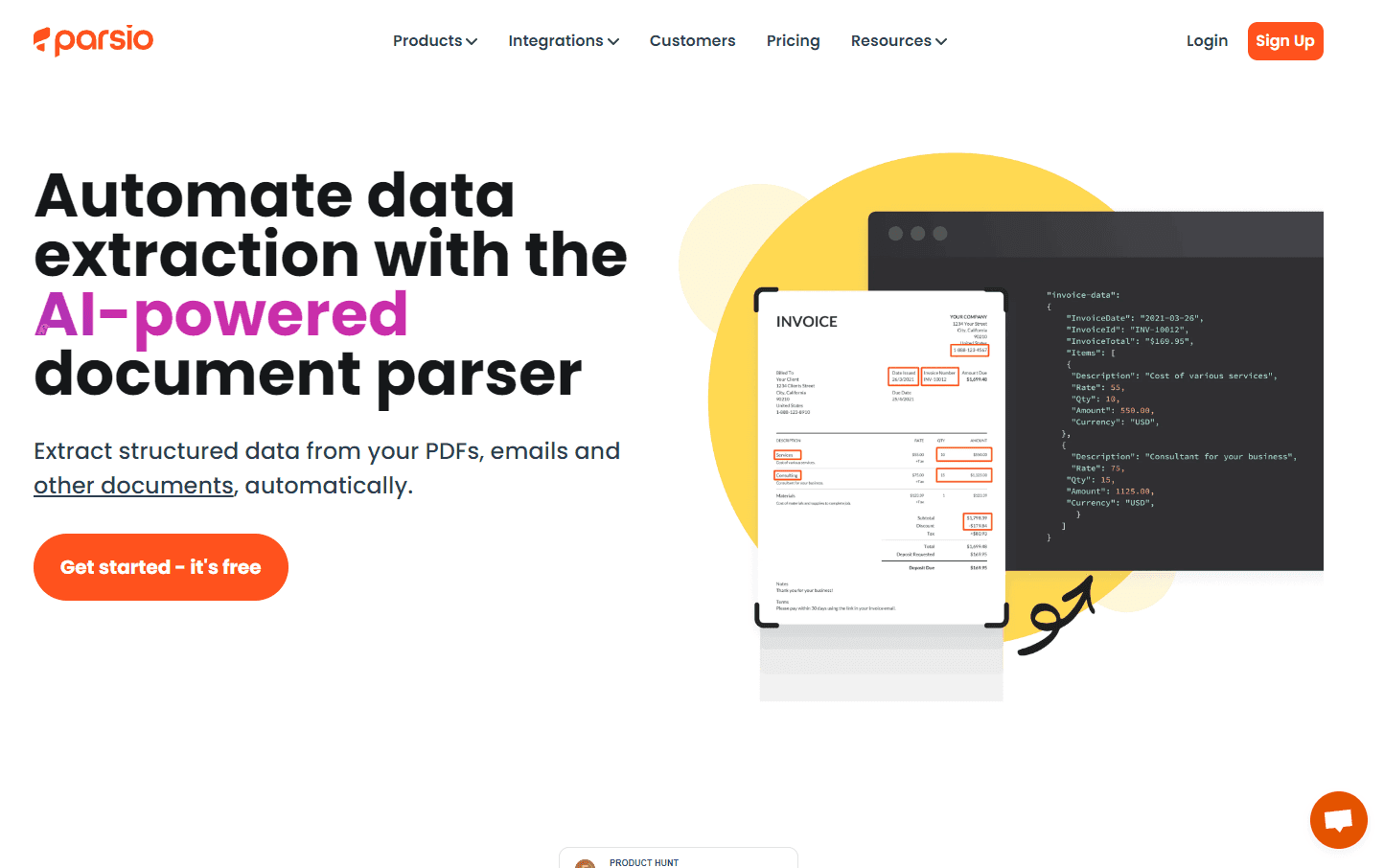Parsio's interface showcasing data extraction