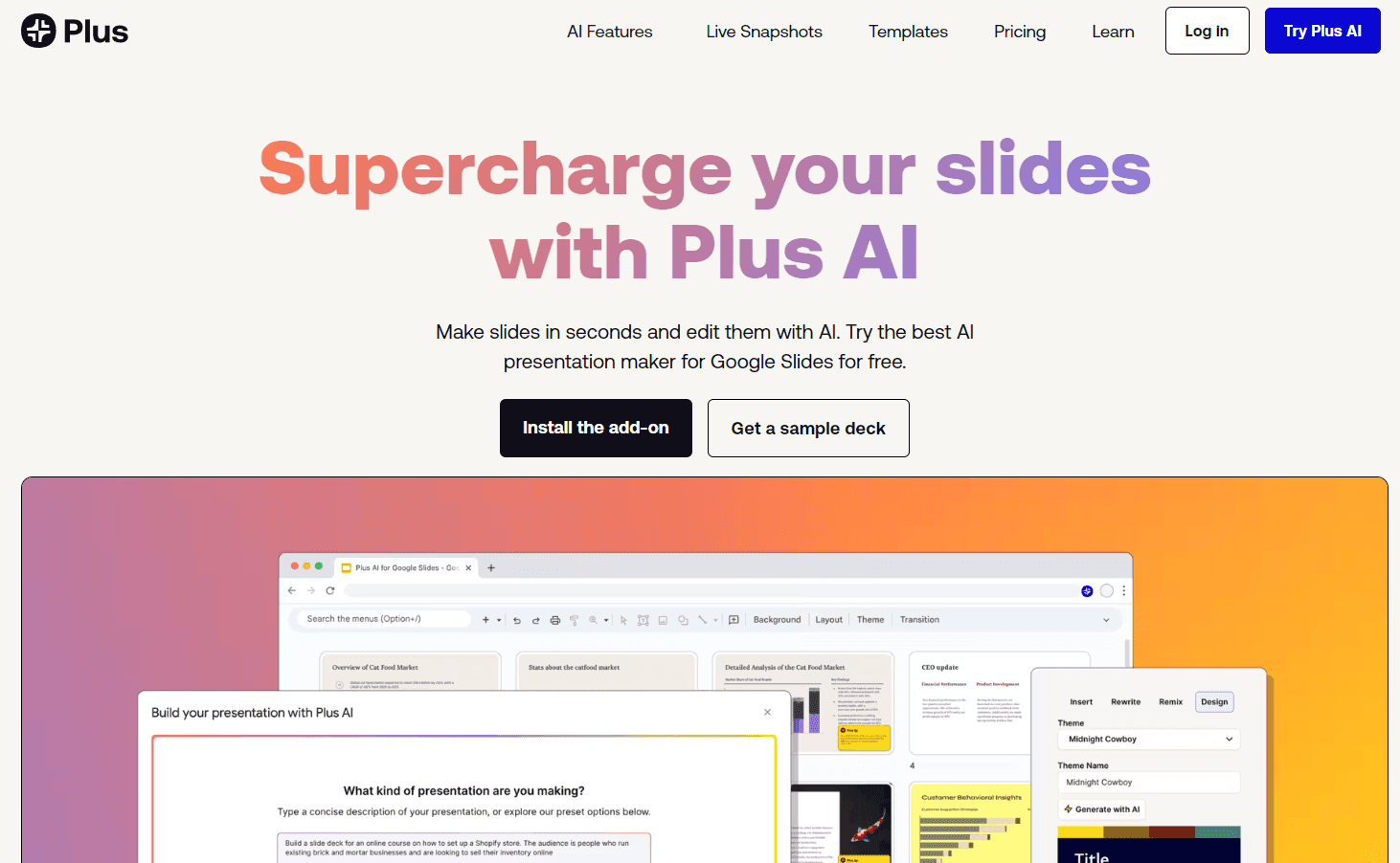 Plus AI presentation tool interface.