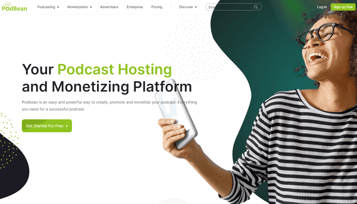 Podbean's homepage showcasing podcasting tools.