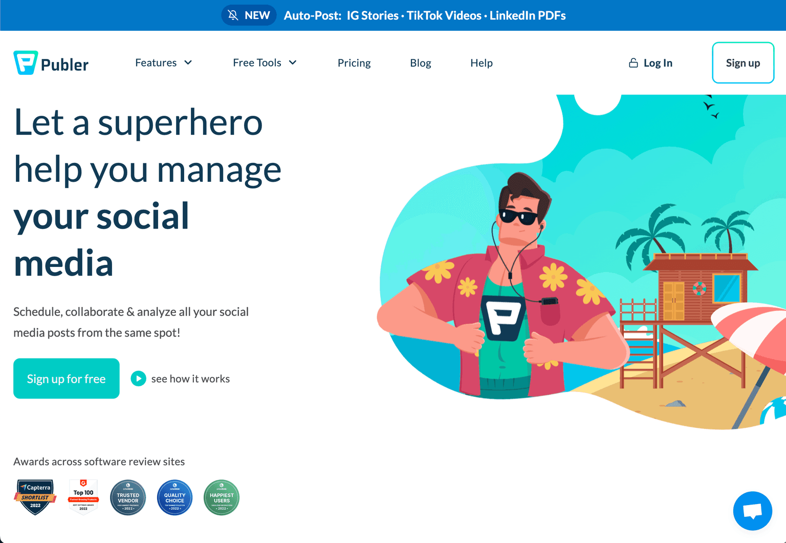 Publer dashboard showcasing scheduling and analytics features