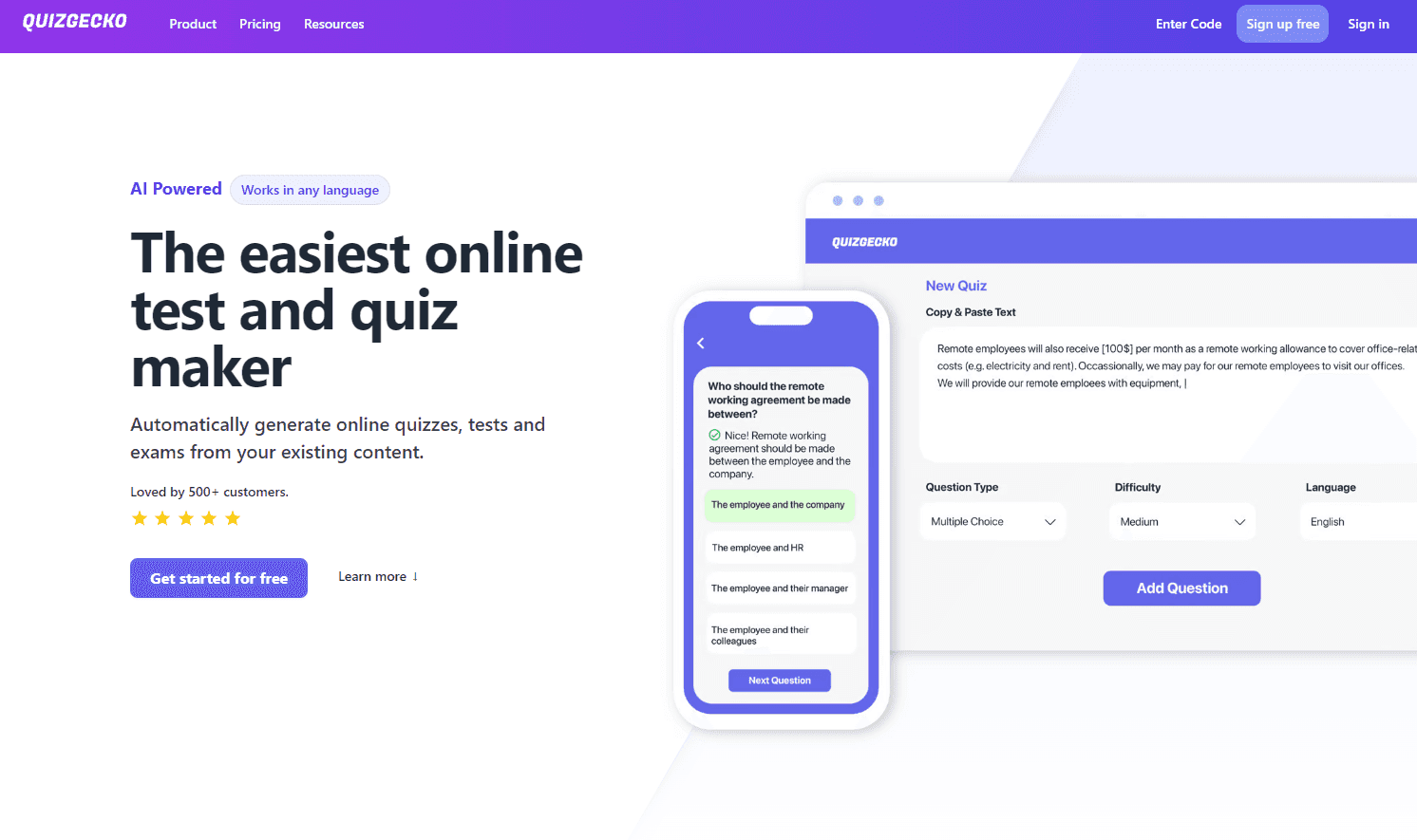 Quizgecko's interactive quiz interface.
