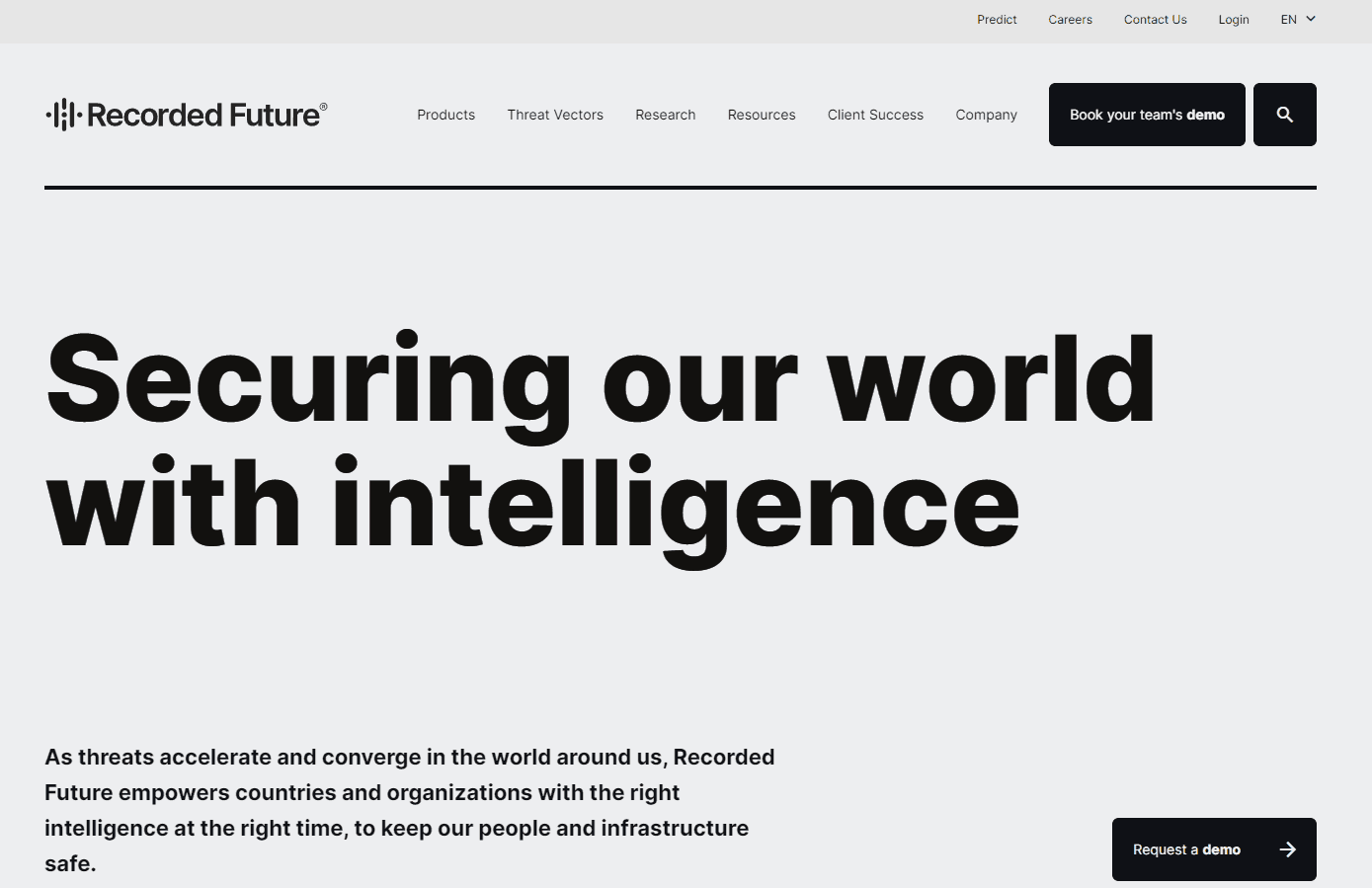 Recorded Future platform interface showcasing comprehensive threat intelligence.