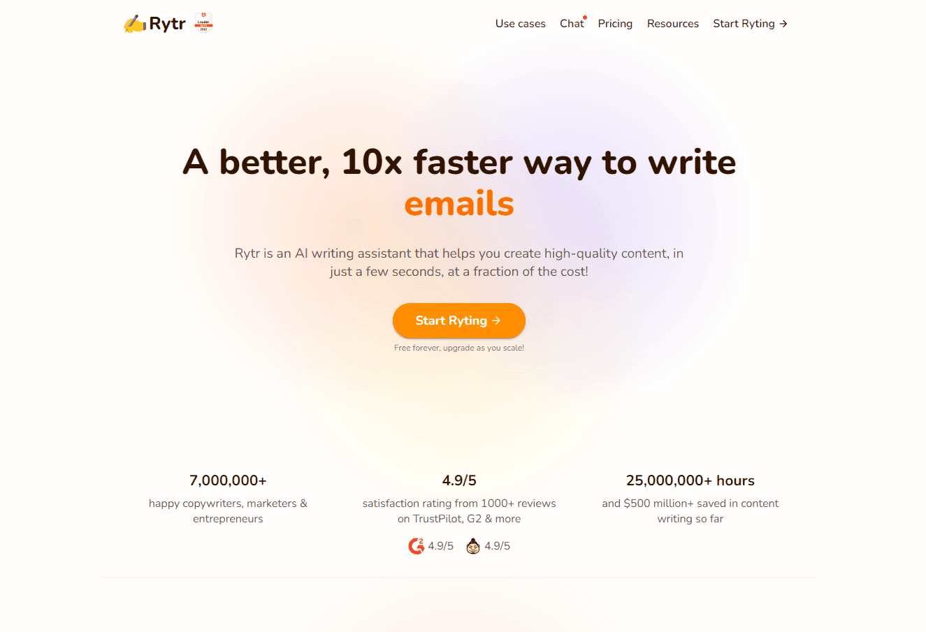 Rytr's interactive homepage showcasing its features.