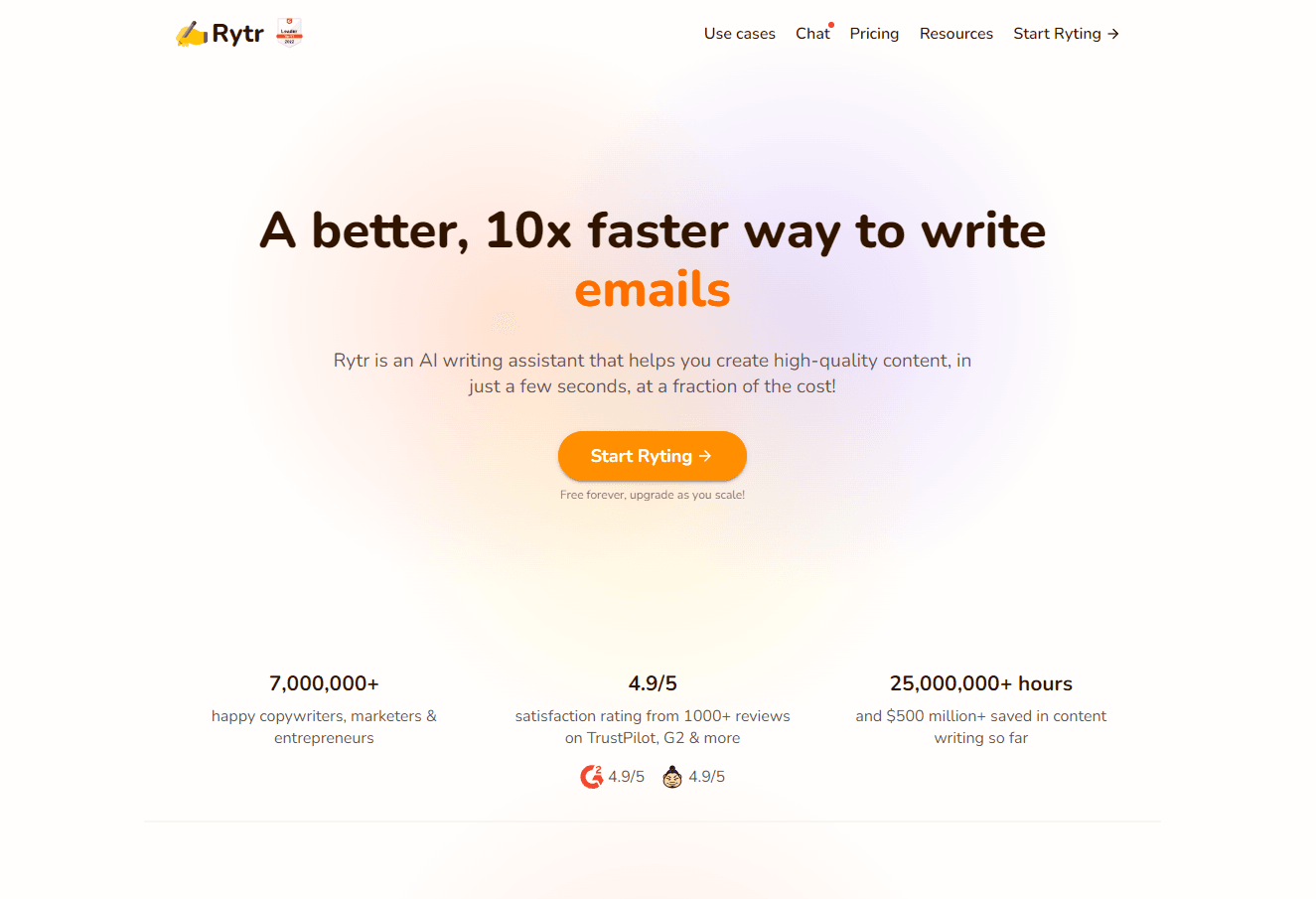 Rytr's interactive homepage showcasing its features.