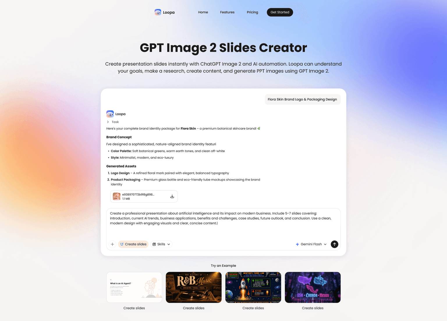 Loopa GPT Image 2 slides creator building a brand identity deck from a prompt