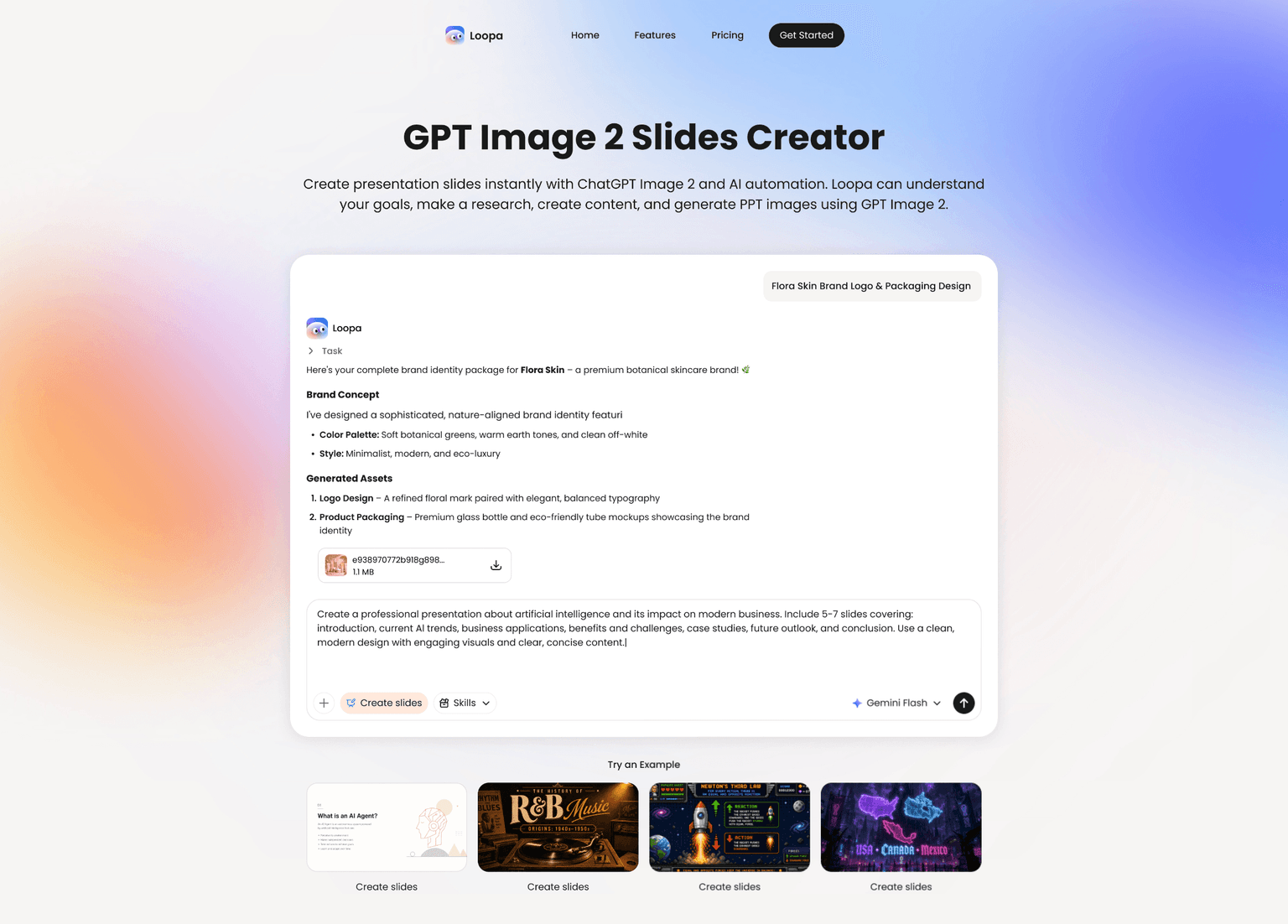 Loopa GPT Image 2 slides creator building a brand identity deck from a prompt