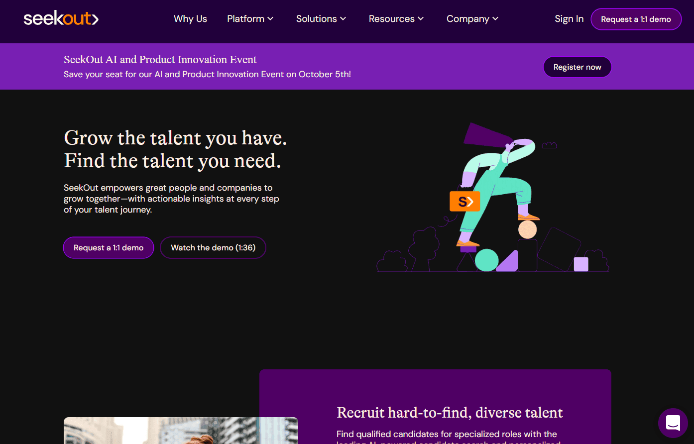 SeekOut's platform showcasing its talent acquisition and management features.