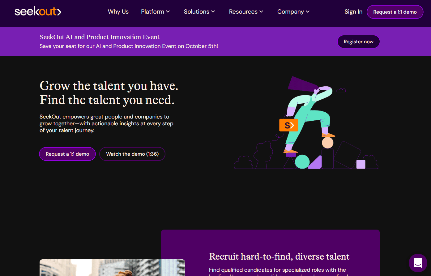 SeekOut's platform showcasing its talent acquisition and management features.