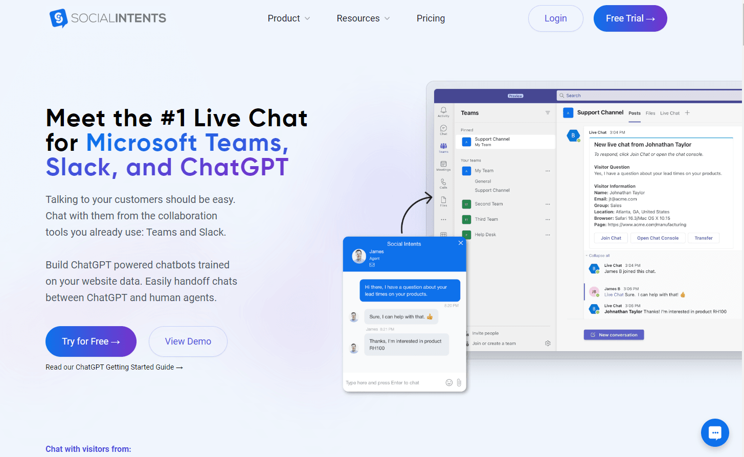 Social Intents interface showcasing integrated live chat