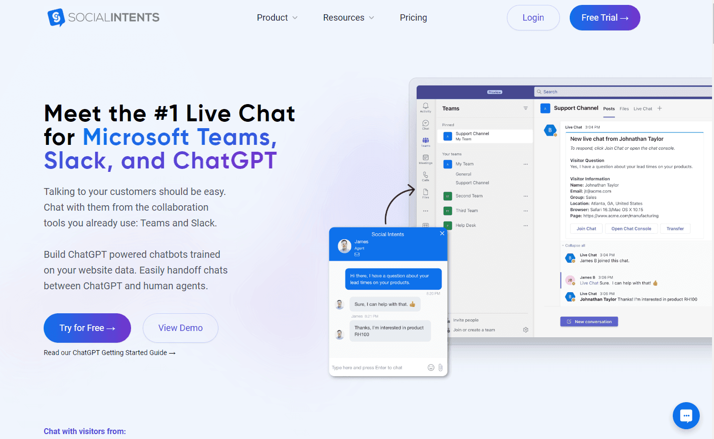Social Intents interface showcasing integrated live chat