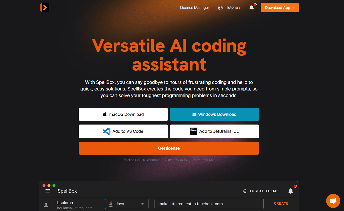 SpellBox AI coding assistant interface